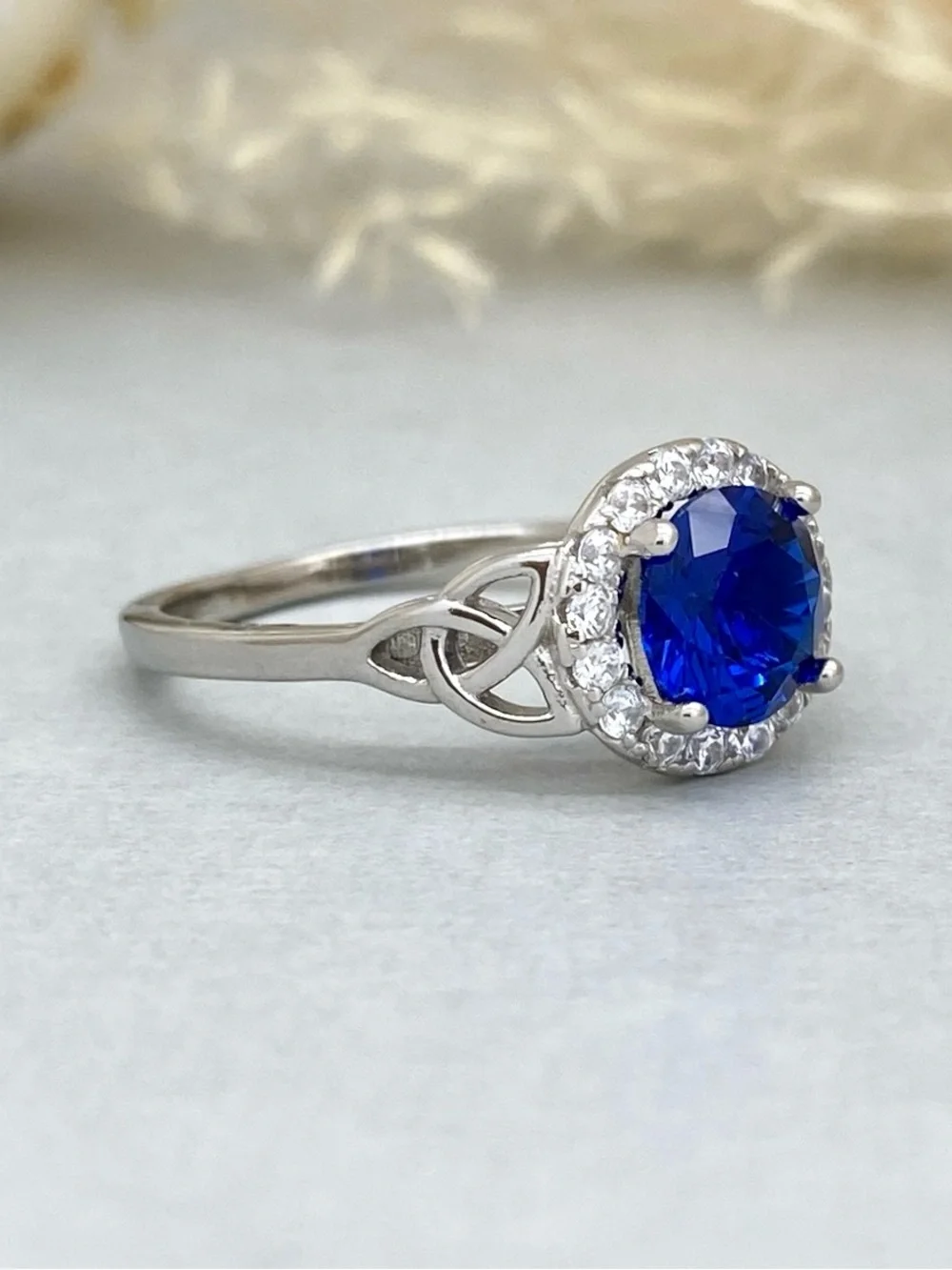 Round Cut Blue Sapphire Celtic Knot 925 Sterling Silver Halo CZ Women’s Ring